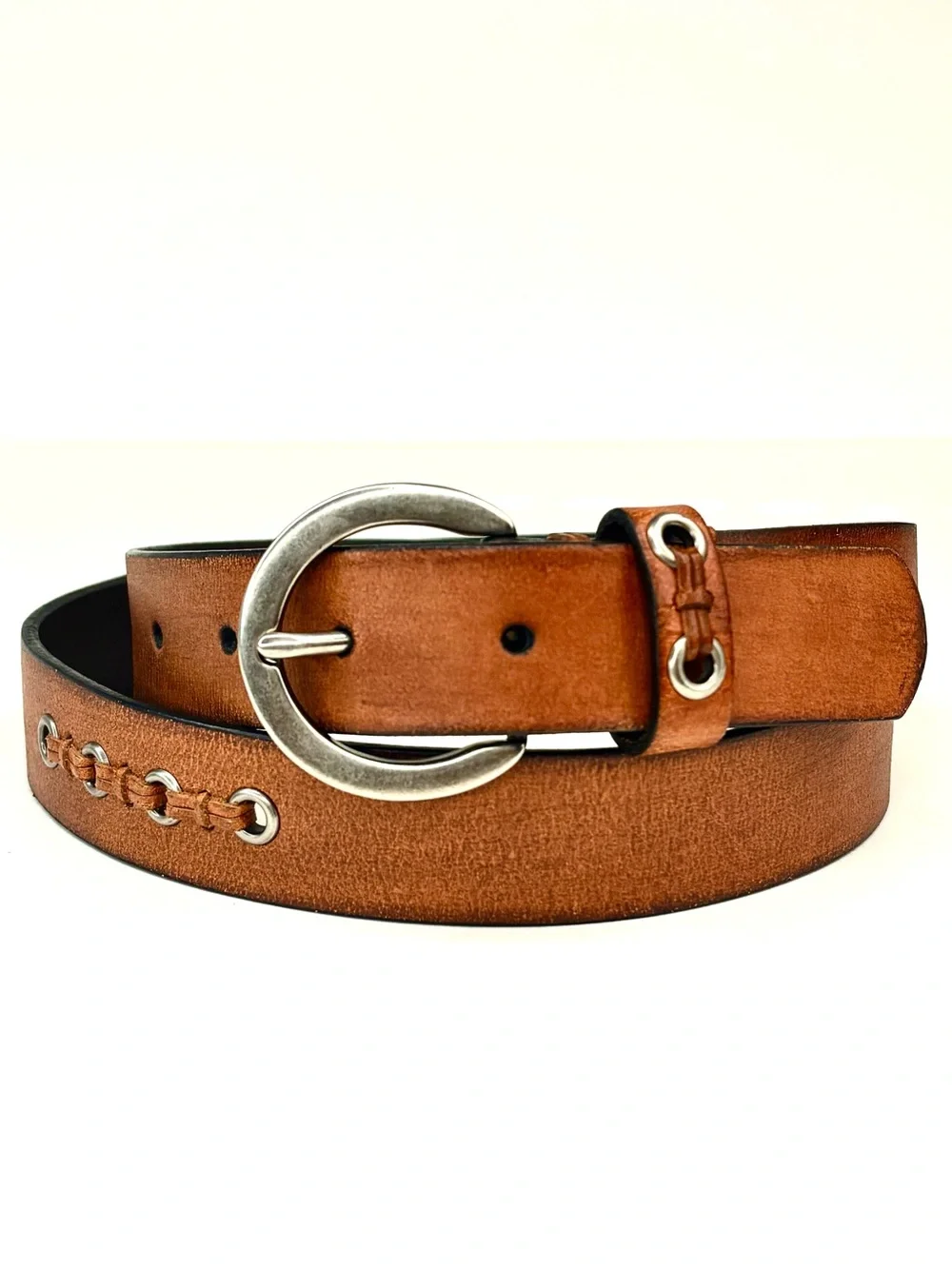 ROLFS Rustic Tan‎ Woven Leather Boho Western Belt Silver Grommets Ring Buckle LG